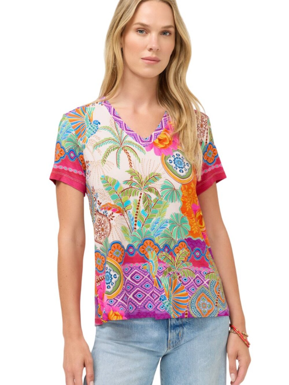 Johnny Was Janie Favorite Avelar Short V Neck Tee Floral Shirt Beige Pink Top NW